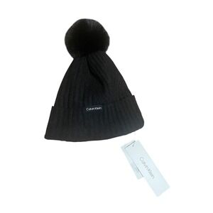 Calvin Klein Black Ribbed Knit Pom Beanie Hat With Tag Women